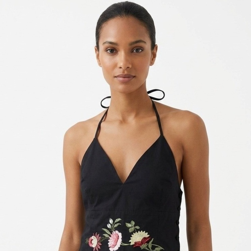 Fanm mon Floral Embroidered Halter Top Cotton Side Button Black Size S